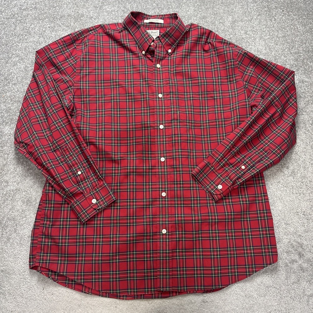 LL Bean XL Wrinkle Free Plaid Red Button Down Traditional Green Tartan Cotton
